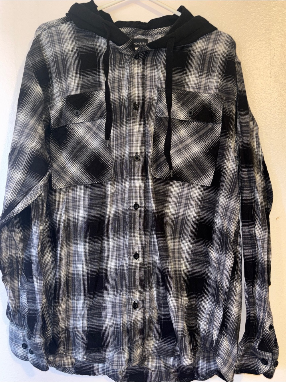 Men's Black and Gray Plaid Hooded Button Down Shirt. Size L